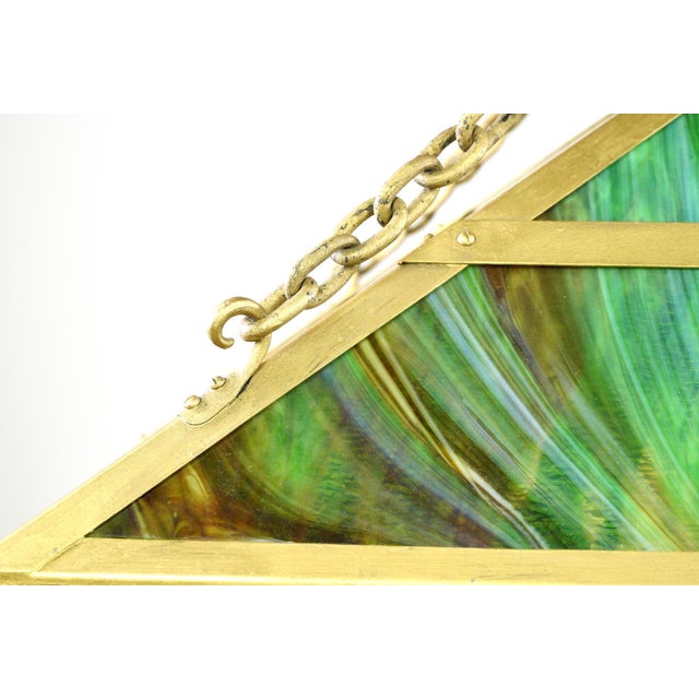 Mid 20th Century Arts & Crafts Figural Stained Glass Rectangular Brass Pendant Light For Sale - Image 6 of 14