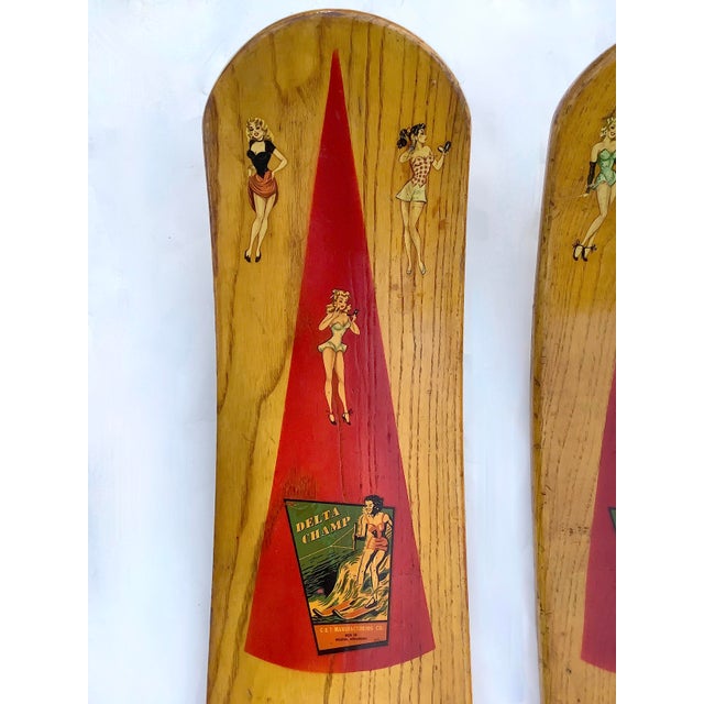 Circa 1940s Wood Delta Champ Waterskis Bathing Beauty Graphics, Pair For Sale - Image 4 of 6
