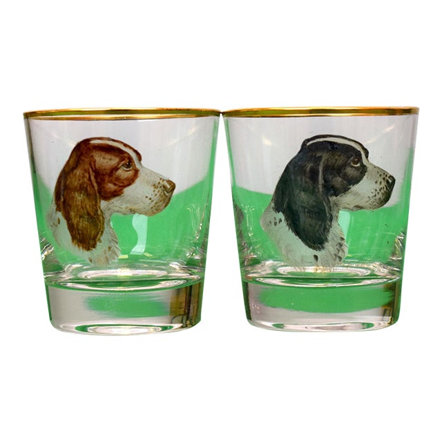 Pair X Spaniel Dog Head Old Fashioned Glasses Hand Painted by Frank Vosmansky For Sale