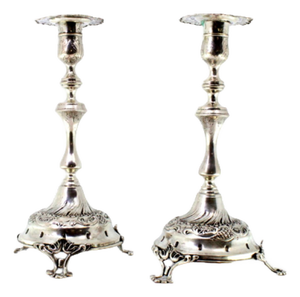 Silver Candlesticks with Reliefs, Turned Shafts with Engravings and Cut-Out Feet, Set of 2