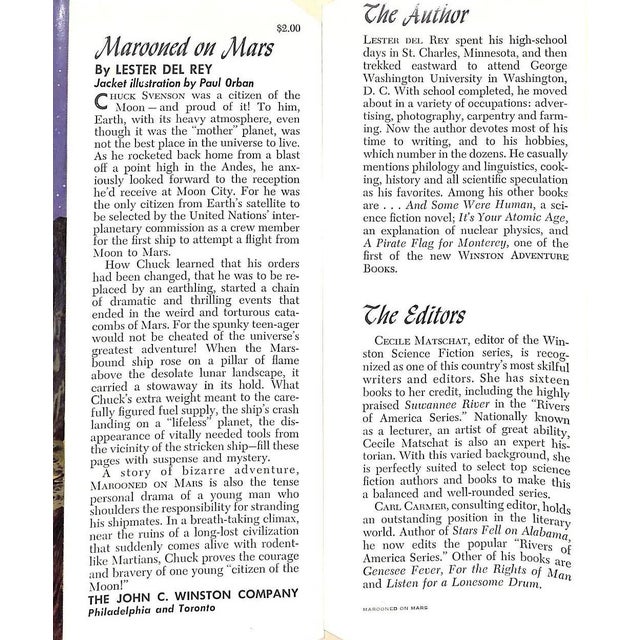 DEL REY, Lester [210] pp. The John C. Winston Company 1956 Third Printing 8 3/4" x 6" Marooned on Mars is a juvenile...