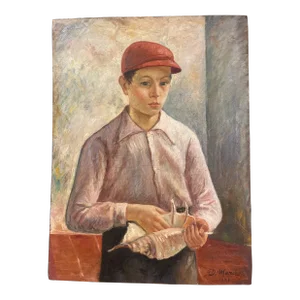 Oil on Canvas Young Boy With Shell Signed Marchetti 1938 Italy