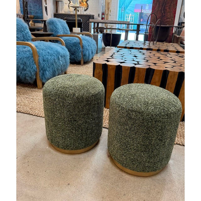 Mid-Century Modern Jade Green & Brass Upholstered Stool For Sale - Image 3 of 3