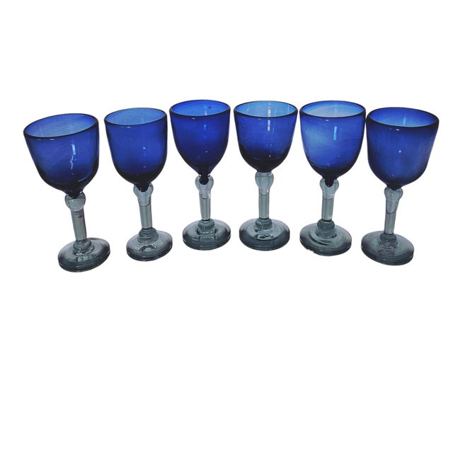 Late 20th Century Mexican Hand-Blown Cobalt Blue Wine Goblets With Aqua Stems 8" - Set of Six For Sale In San Francisco - Image 6 of 15