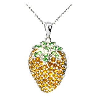 Late 20th Century 14K White Gold Orange Citrine Tsavorite Strawberry Pendant Necklace For Sale