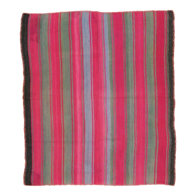 Vintage Peruvian Square Kilim, Pink & Sage Striped Pattern - Rug & Kilim For Sale