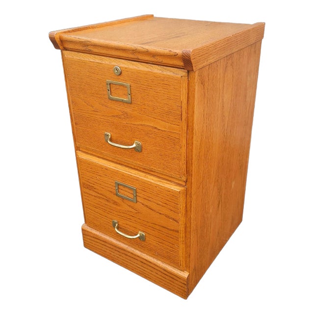 Vintage Two Drawer Oak Locking Filing Cabinet With Key For Sale