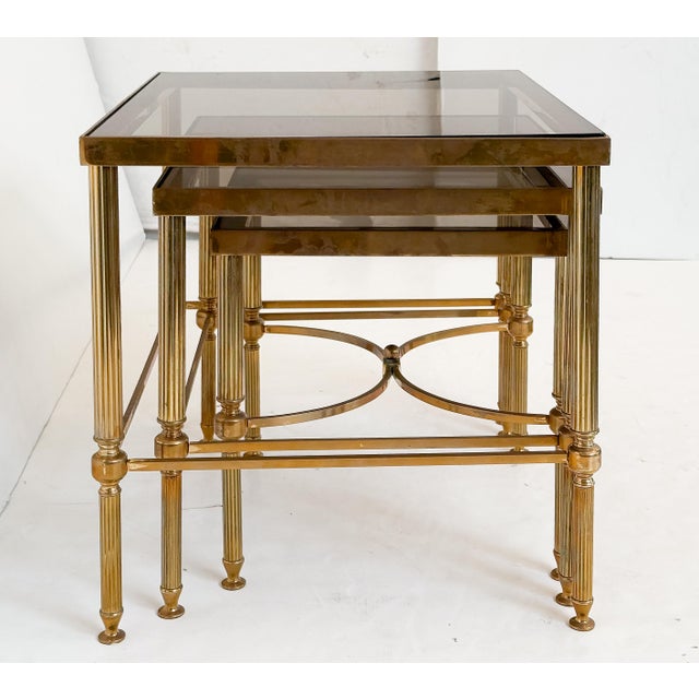 French Nesting Tables of Brass With Smoked Glass For Sale - Image 18 of 18