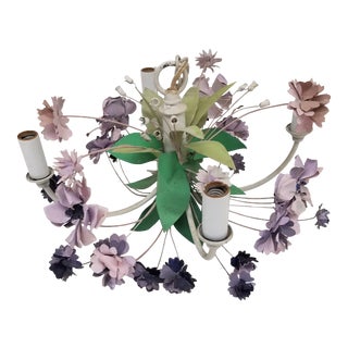 Mid 20th Century Vintage 4 Arm Tole Chandelier With Lavender and Purple Flowers For Sale
