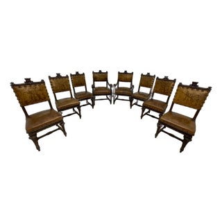 Set of 8 Italian Walnut Dining Chairs With Embossed Leather, Late 19th Century For Sale