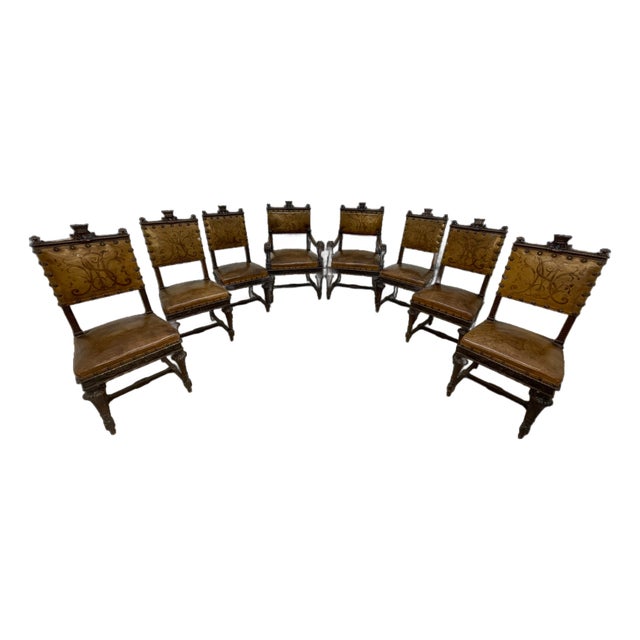 Set of 8 Italian Walnut Dining Chairs With Embossed Leather, Late 19th Century For Sale