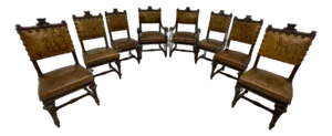 Set of 8 Italian Walnut Dining Chairs With Embossed Leather, Late 19th Century