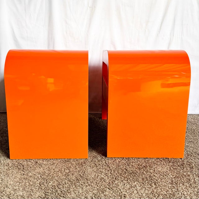 Postmodern Tangerine Orange Lacquer Laminate Waterfall Nighstands/Side Tables For Sale - Image 4 of 8