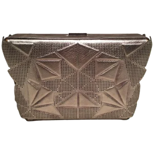 Tonya Hawkes Silver Metallic Embossed and Laser Cut Leather Convertible Clutch
