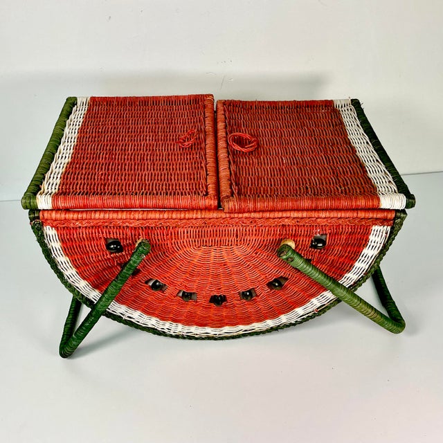 1980s Vintage Boho Chic Arts & Crafts Trompe L’Oeil Watermelon Wicker Picnic Basket. For Sale - Image 12 of 18