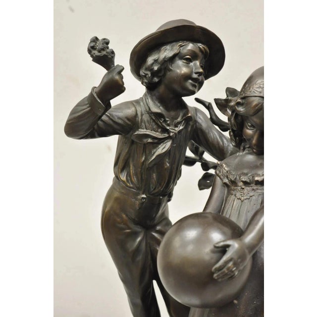 Auguste Moreau "Enjoue" After Auguste Moreau Victorian Bronze Boy and Girl Statue Sculpture For Sale - Image 4 of 12