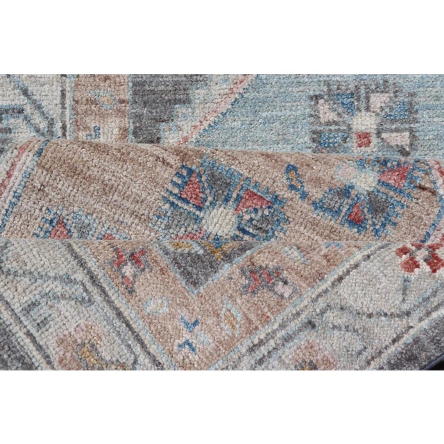 Floral Medallion Oushak Runner With Tribal Motifs and on a Gray Background For Sale - Image 11 of 13