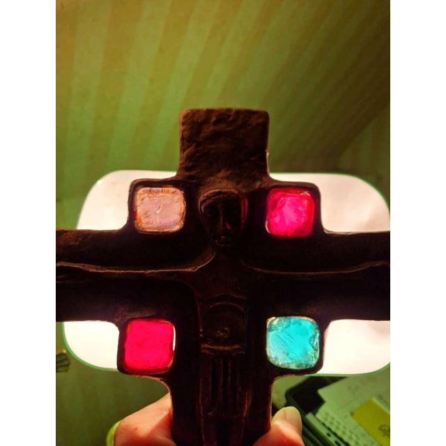 Art Deco Antique Continental Bronze Devotional Crucifix Sculpture With Gemstone Inlays. For Sale - Image 3 of 12