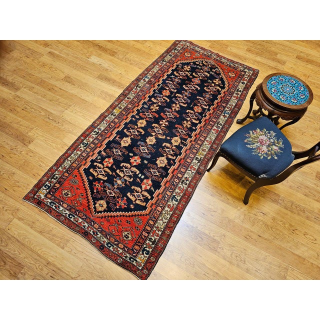 Vintage Malayer Runner Rug, Hand-Knotted Wool, Geometric Pattern, 4x9, Navy & Red For Sale - Image 10 of 12