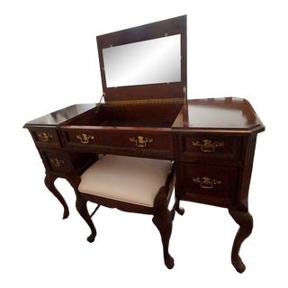 Late 20th Century Basset Vintage Cherry Flip Top Vanity and Stool - Set of 2 For Sale