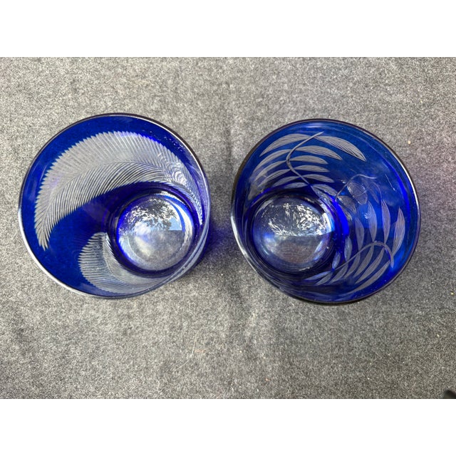 Mid 20th Century Bohemia Cut to Clear Cobalt Etched Tumblers Glasses a Pair For Sale In New York - Image 6 of 15