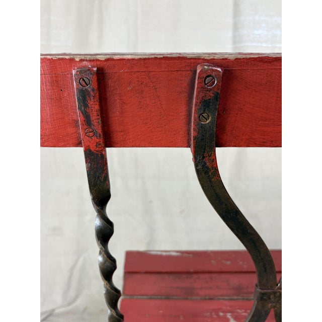 Red Mid-Century French Bistro Bench With Red Slats and Wrought Iron Frame For Sale - Image 8 of 11