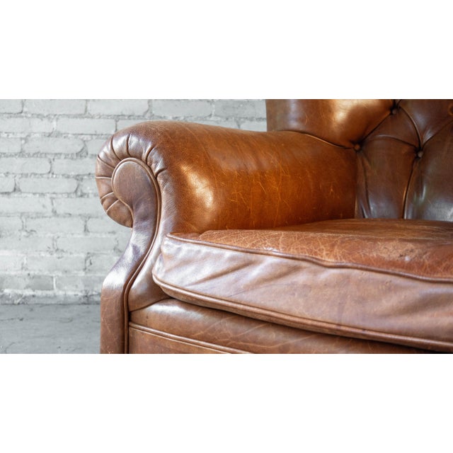 Animal Skin Restoration Hardware Churchill Cigar Leather Luxe Writer's Chair and Ottoman For Sale - Image 7 of 18