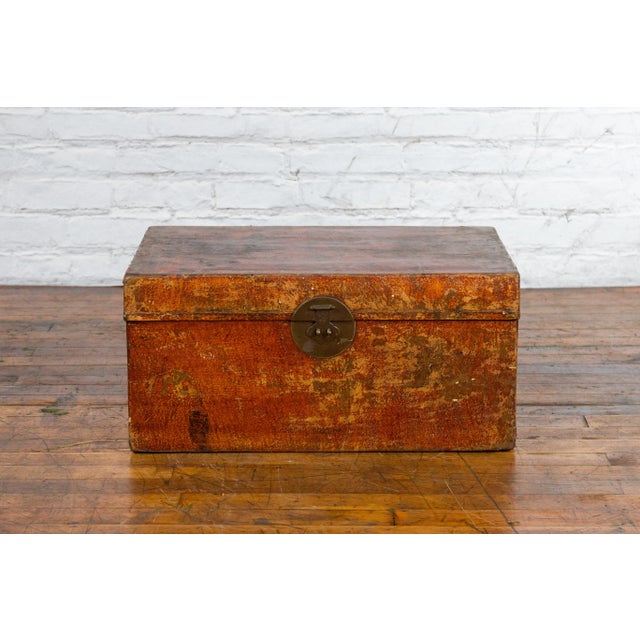 19th Century 19th Century Chinese Qing Dynasty Period Lacquered Leather Trunk with Distressed Patina For Sale - Image 5 of 13
