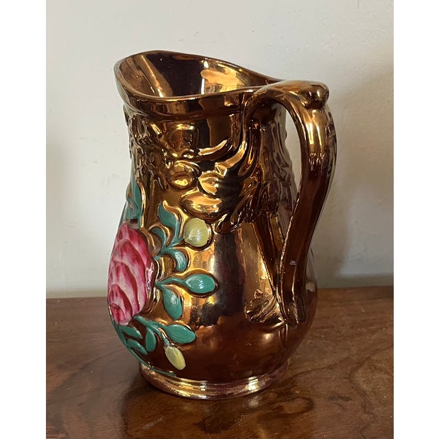 Antique 19th Century English Regency Staffordshire Copper Luster Pitcher With Relief Molded Pink Roses For Sale - Image 11 of 14