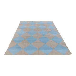 Handmade Cotton Area Rug Natural Vegetable Dyed Reversible Beige Blue Tile Pattern Rug - 8'x10' For Sale