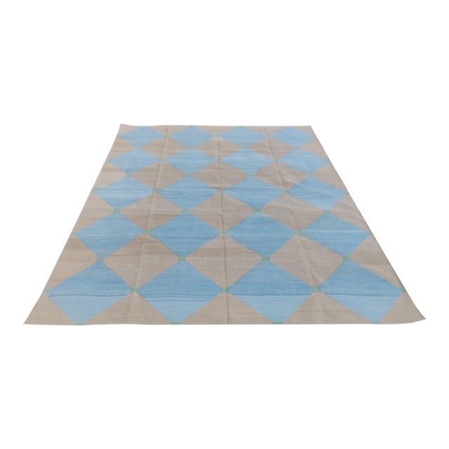 Handmade Cotton Area Rug Natural Vegetable Dyed Reversible Beige Blue Tile Pattern Rug - 8'x10' For Sale
