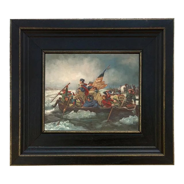 George Washington Crossing Delaware Framed Oil Painting Print on Canvas in Distressed Black Wood Frame For Sale
