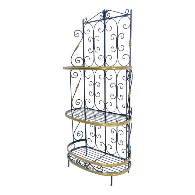 Wrought Iron & Brass 38” Wide Rounded Shelved Bakers Rack MINT For Sale