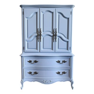 1960s French Provincial Style Armoire Wardrobe Storage in Soft Blue With Carved Details For Sale