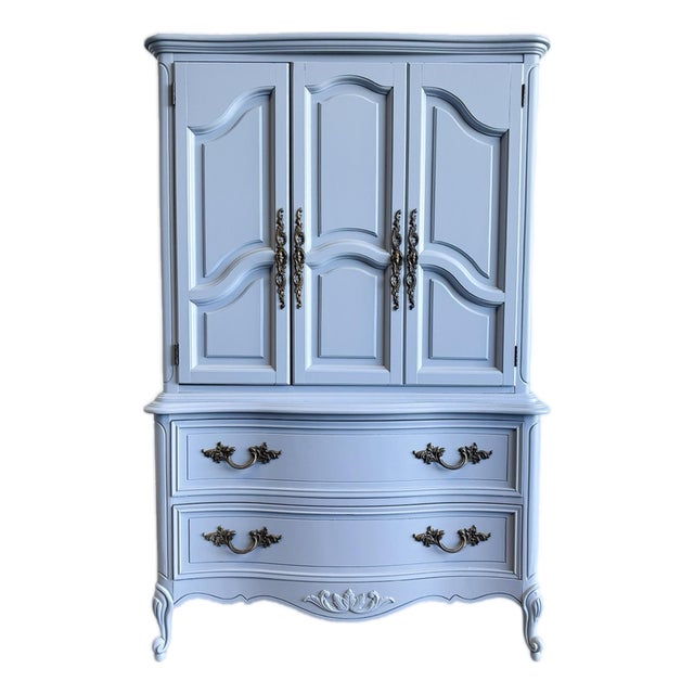 1960s French Provincial Style Armoire Wardrobe Storage in Soft Blue With Carved Details For Sale