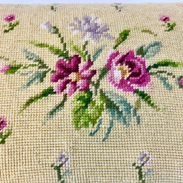 Light Yellow 1960s Vintage Americana Arts & Crafts Folk Art Needlepoint Footstool For Sale - Image 8 of 17