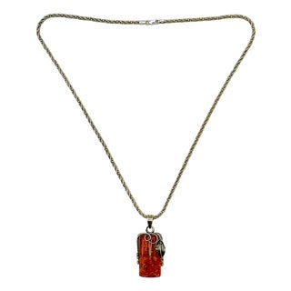 1970s Vintage Boho Chic Italian Art Nouveau Amber & Sterling Pendant Necklace, 22.5” For Sale