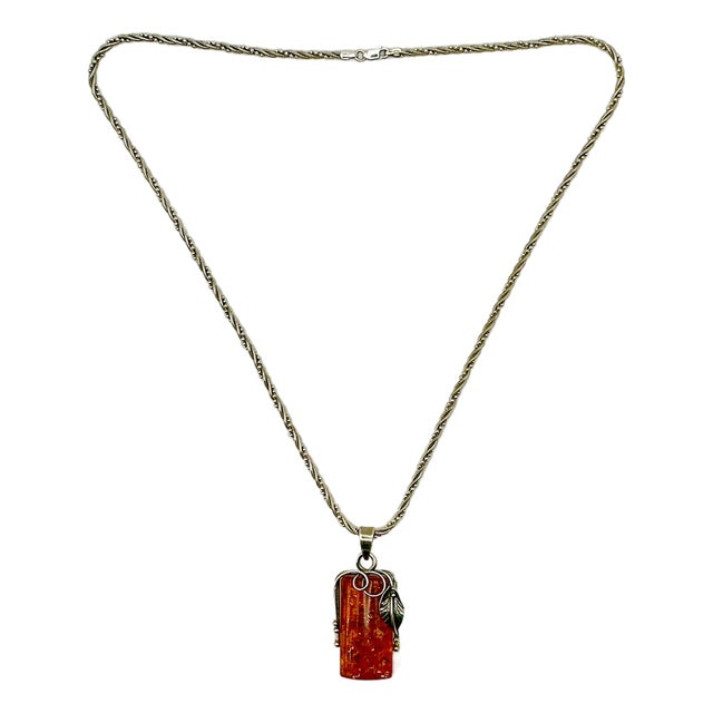 1970s Vintage Boho Chic Italian Art Nouveau Amber & Sterling Pendant Necklace, 22.5” For Sale