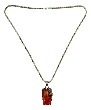 1970s Vintage Boho Chic Italian Art Nouveau Amber & Sterling Pendant Necklace, 22.5”.