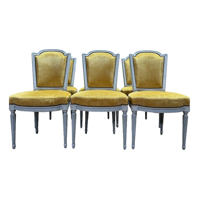 Louis XVI Chairs in Painted Wood and Velvet, 1970s, Set of 6 For Sale