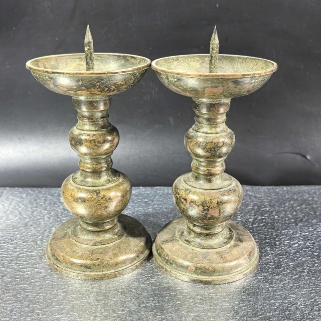 Late 20th Century Pair of Vintage Bronze Candlesticks, Traditional Pricket Candle Holders, Chinoiserie Altar Decor For Sale - Image 5 of 10