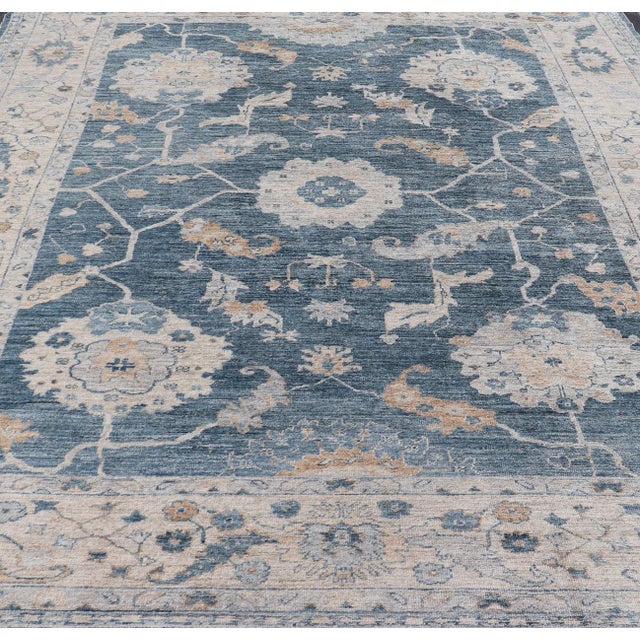 Shabby Chic Angora Turkish Oushak by Keivan Woven Arts Floral Design in Blue's For Sale - Image 3 of 11