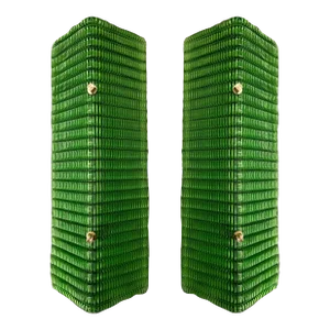 Contemporary Pair of Brass and Green Folded Leaf Murano Glass Sconces, Italy