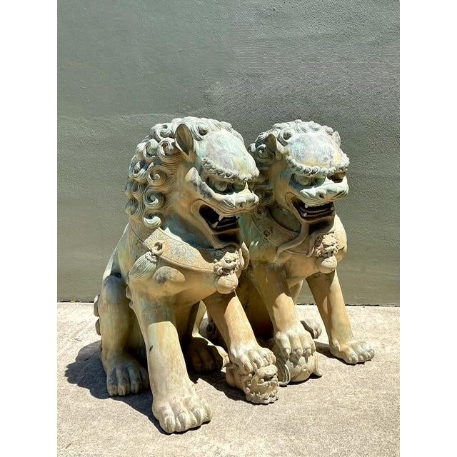 Mid 20th Century Vintage Monumental Bronze Foo Lions - A Pair For Sale - Image 5 of 12