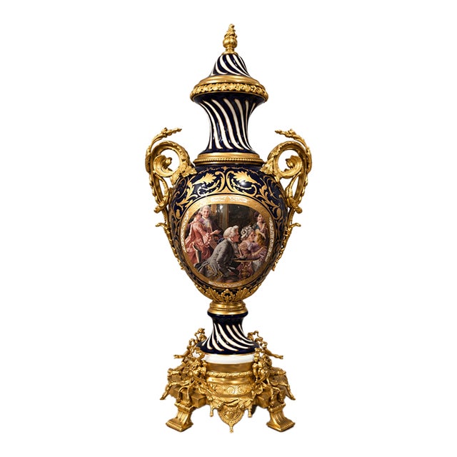 French-Style Navy Blue Porcelain Vase – Romantic Scenic Panel With Gold Leaf & Bronze Details For Sale