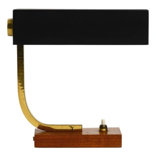 Small Mid-Century Modern Metal and Brass Table Lamp with Teak Base, 1950s For Sale