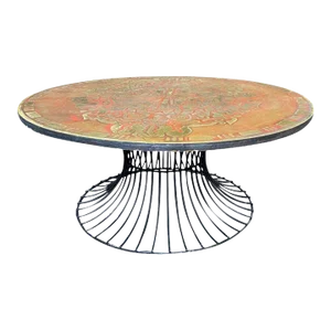 Signed Mid Century Decorated Metal Top Warren Platner Style Coffee Table