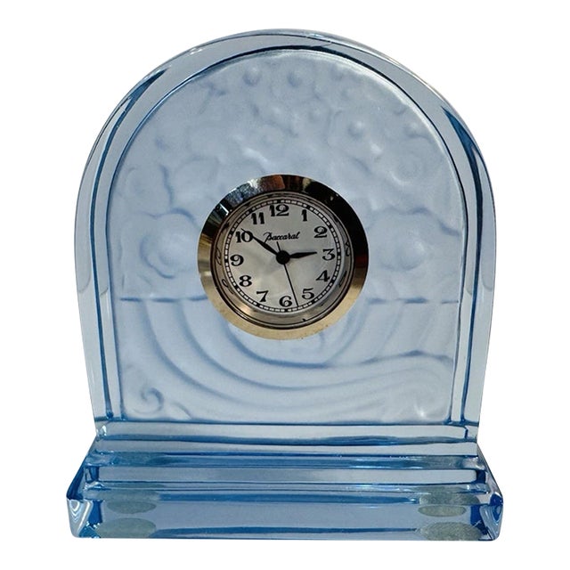Vintage MCM Baccarat Crystal Blue Basket of Abundance Quartz Desk Clock For Sale
