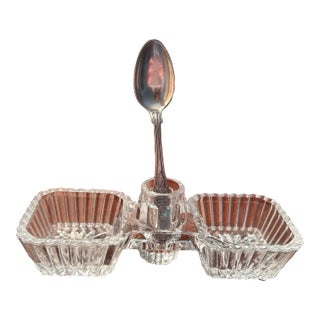 Antique Crystal Double Salt and Pepper Cellar With Silver Plate Spoon For Sale