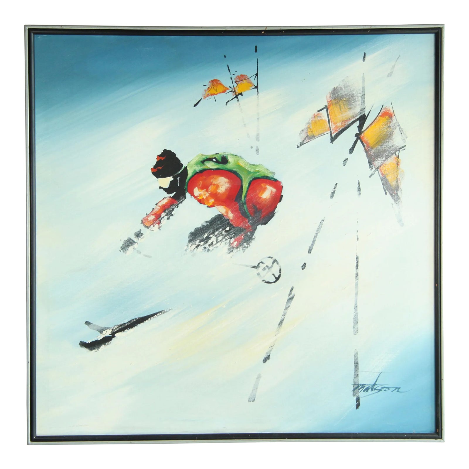 Large Scale Vintage 1970's Ski School Acrylic on Canvas Painting